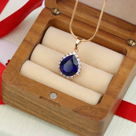 "Teardrop Deep Blue Pendant with Crystal Halo in Rose Gold Finish, XPPT1617 - Picture 8 of 13